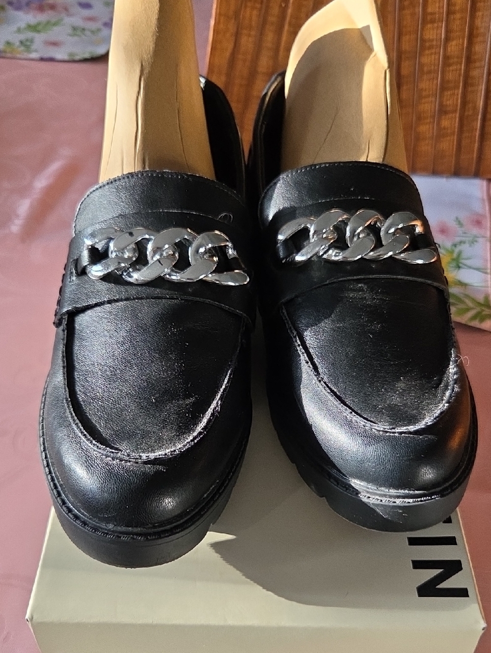 Anne Klein Black Loafers with Silver Chain Accent